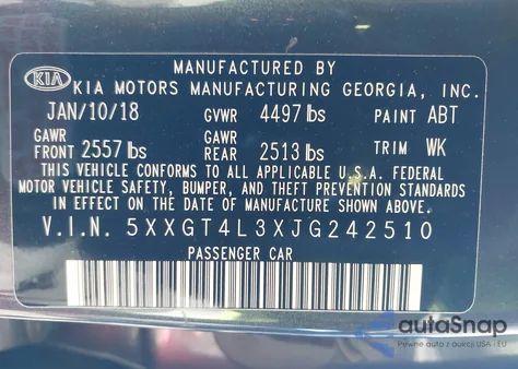 2018 Kia Optima S from USA, damaged, VIN 5XXGT4L3XJG242510